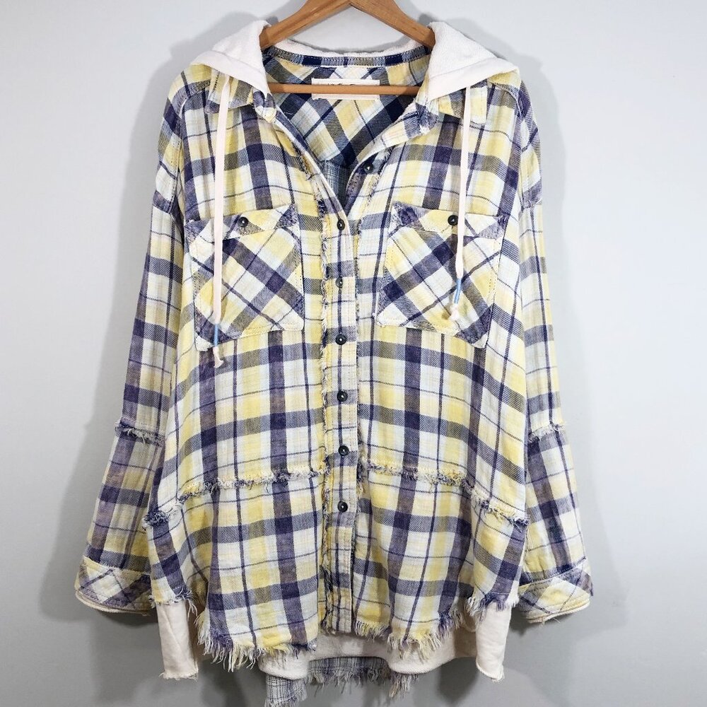 FP We the Free Calico Basin Distressed Yellow & Blue Hoodie Shacket OB9992328 S - Picture 4 of 16